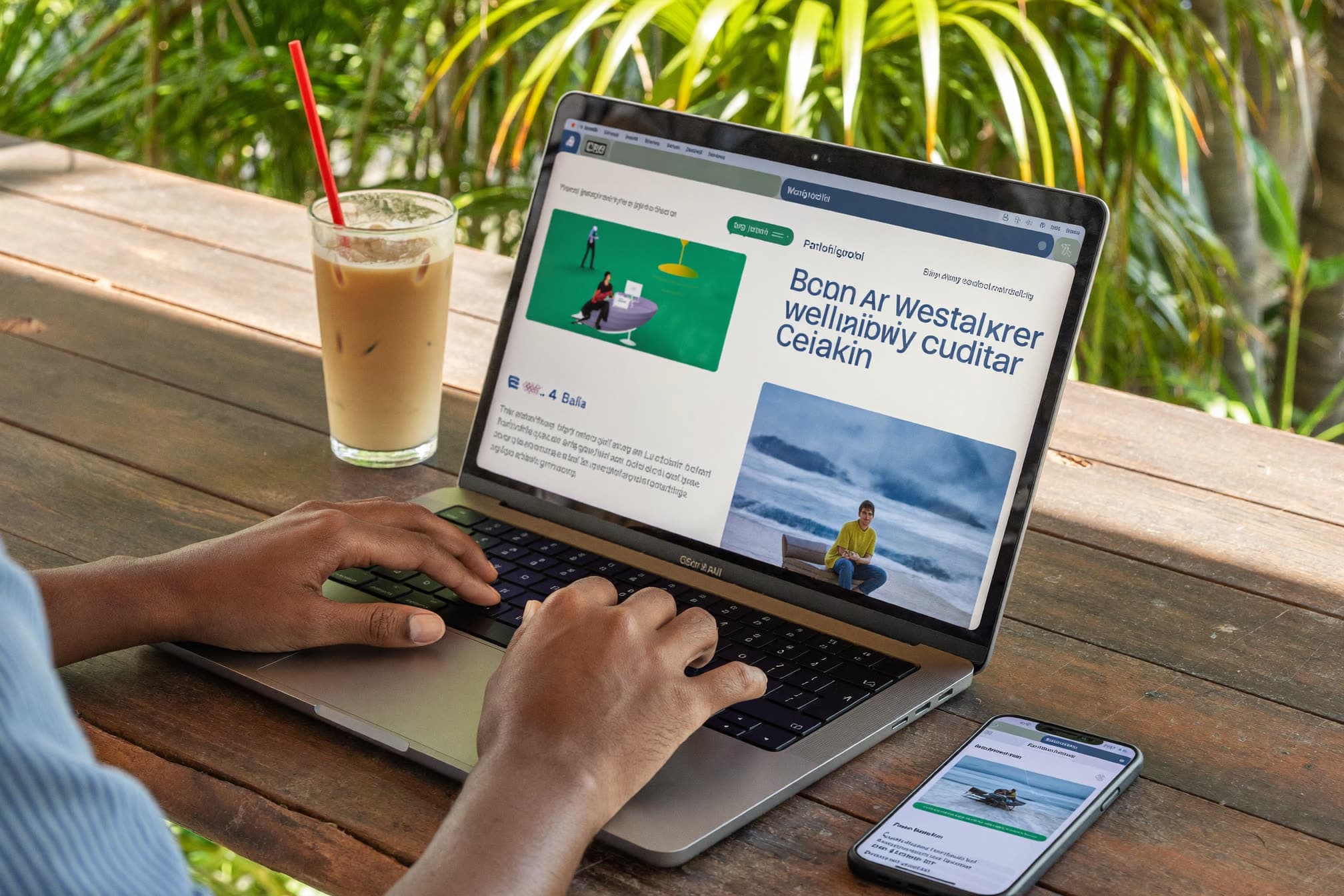 Hands building a business website on a laptop