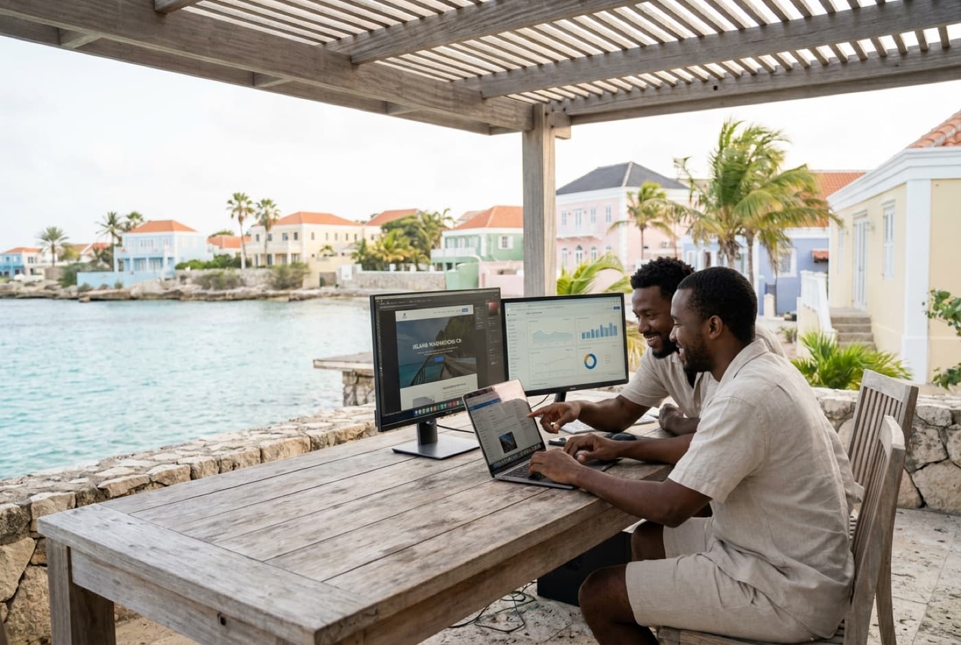 Two founders building a website together on a laptop