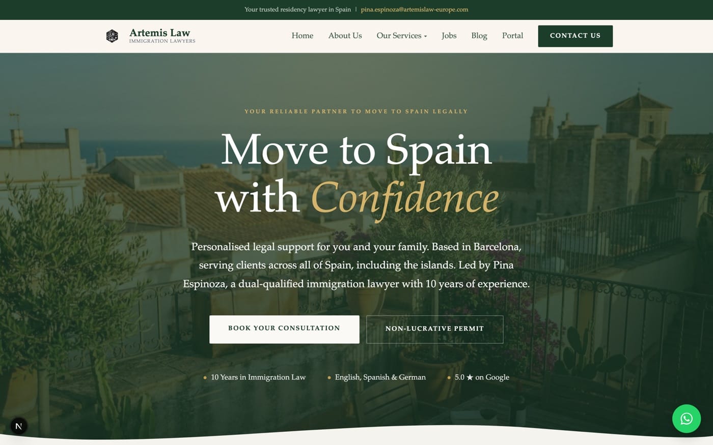 The website built for Artemis Law