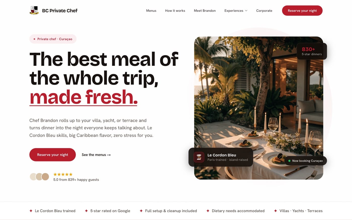 The website built for BC Private Chef